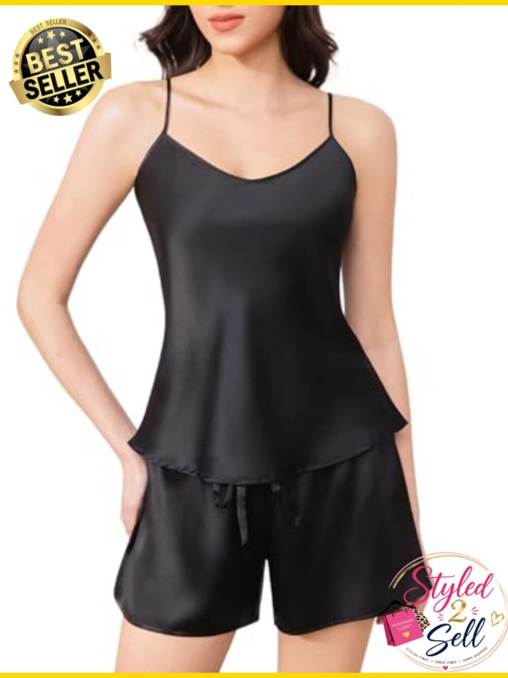 100% Mulberry Silk Pajama Set 2-Piece V-Neck Cami Shorts Sleepwear Luxury